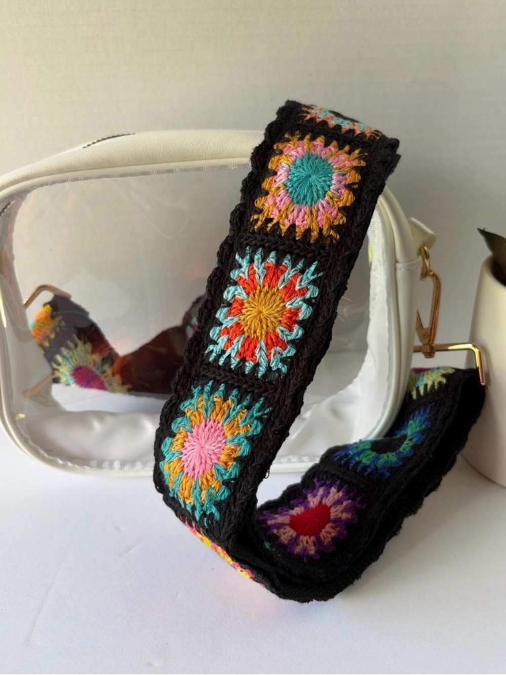 Clear Stadium Bag with Crochet Strap – White